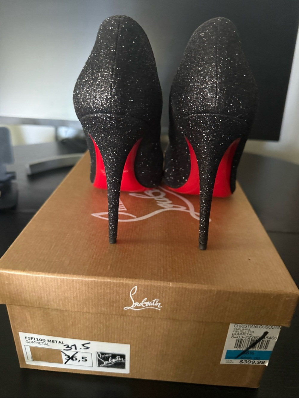 Christian Louboutin Black Glitter Stiletto Heels with Red Soles